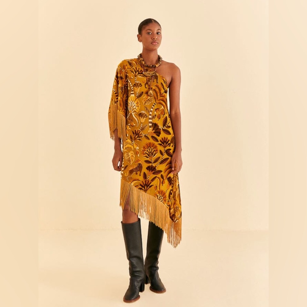 Farm Rio Velvet One Shoulder Fringe Dress - Picture 1 of 5